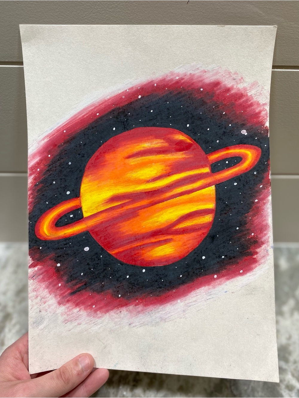 Vibrant Red & Yellow Planet Drawing *WILL COME FRAMED!* - Picture 1 of 3